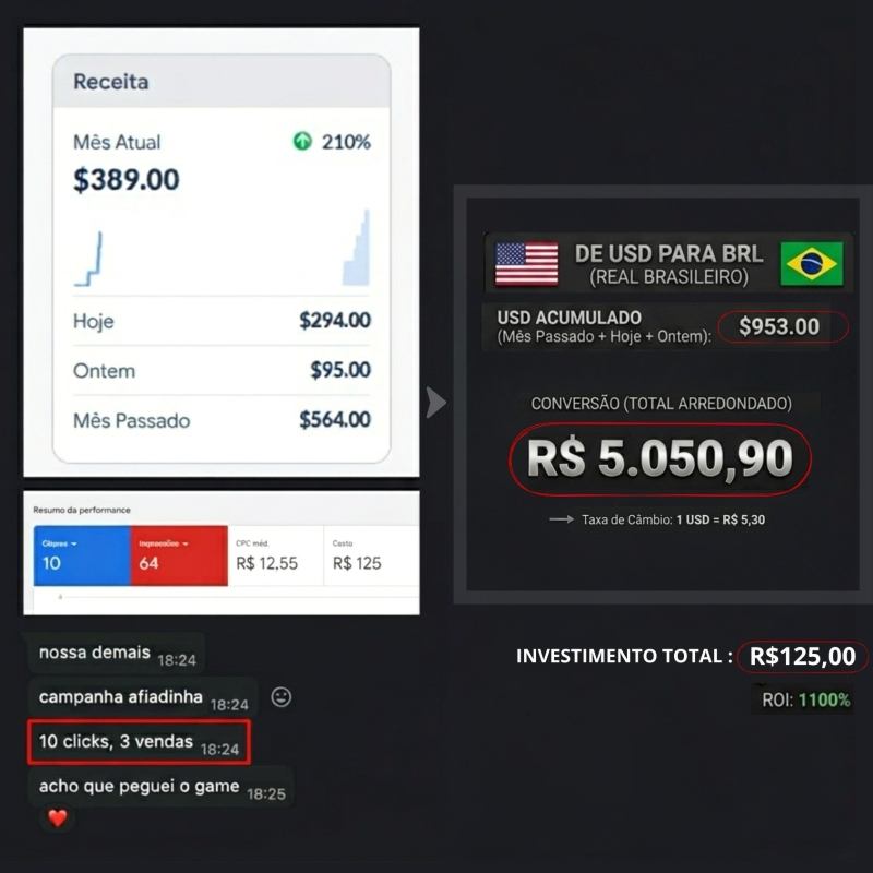Print de aluno: US$953,00 acumulados, convertidos em R$5.050,90, com investimento total de R$125,00 e ROI de 1100%.